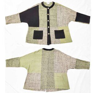 Sangam Womens  Lagenlook Black and Green Colorblock Artsy Cotton Light Jacket M